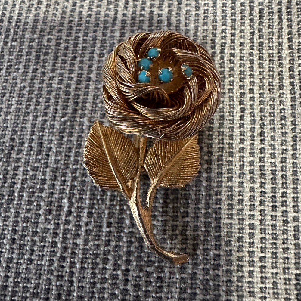 Gold and Blue Floral Brooch with Leaf Detail